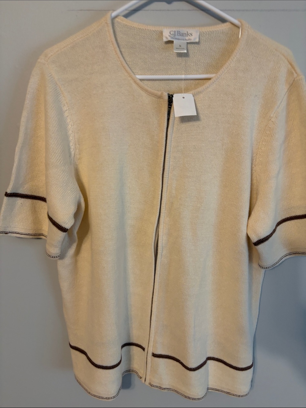 CJ Banks Cream Short-Sleeve Zip front Cardigan/Brown Contrast Trim. 14w. XL NWT